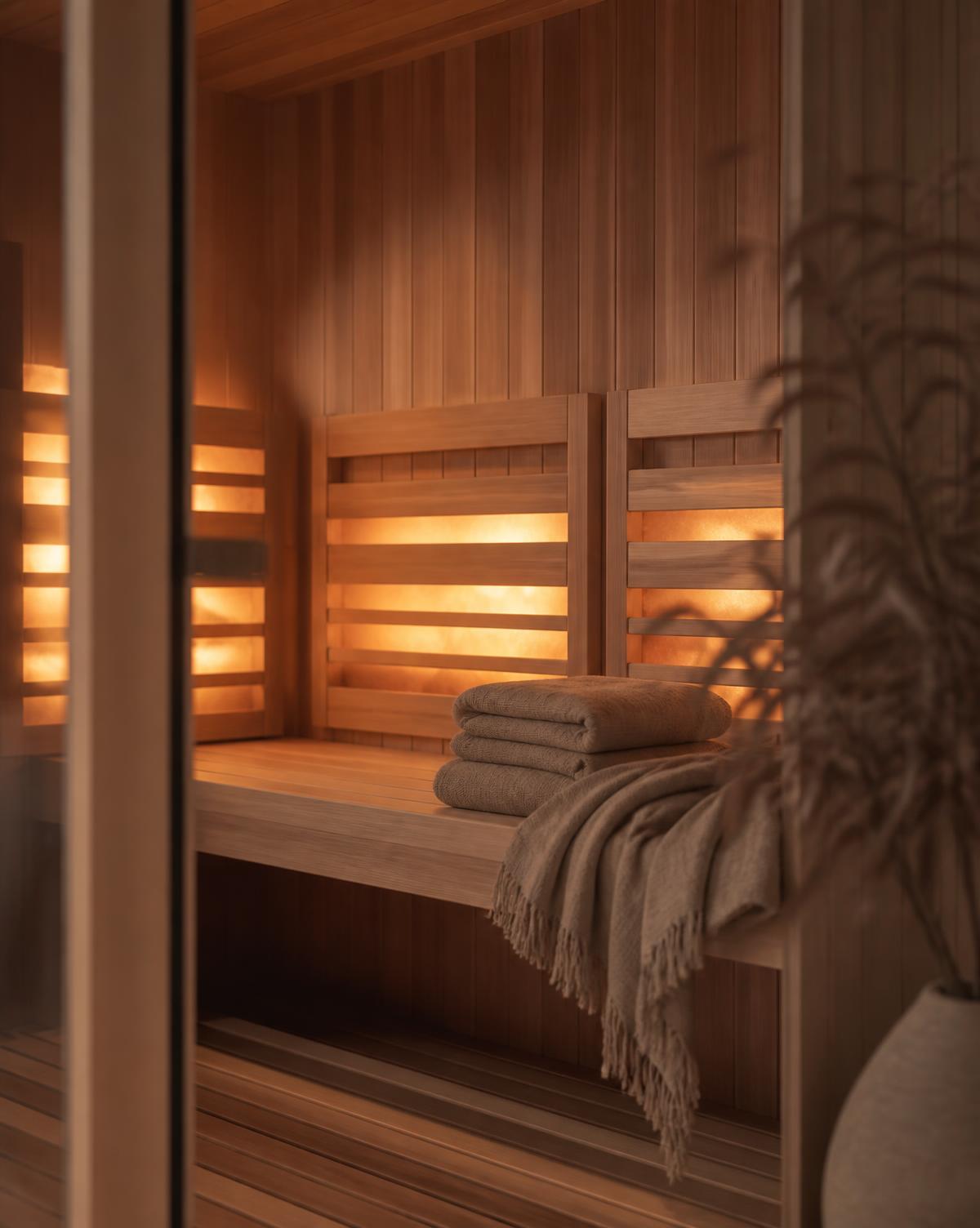 Warm cedar infrared sauna interior with folded linen towels